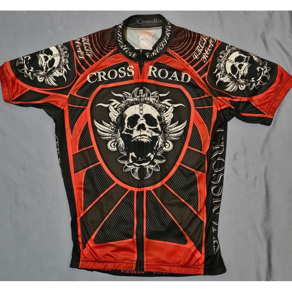 FixGear Cyclist Jersey Large Crossroad Skull Print Full Zip Short Sleeve - Picture 1 of 6